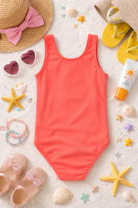 GIRLS CORAL PINK SWIMSUIT WITH SHELLFISH & ICE CREAM EMBROIDERY PATCHES