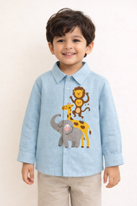 Light Blue Cotton New 4 Animal-Monkey Lion Giraffe Elephant Printed Boys Shirt