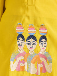 Girls Yellow Kurta Set with Balloon Salwar Pants & Girls Matki Motif Embroidery (2pc Set)