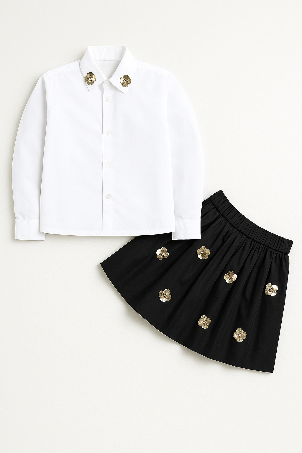 Girls White Embellished Shirt & Black Sequin Skirt Co-ord Set