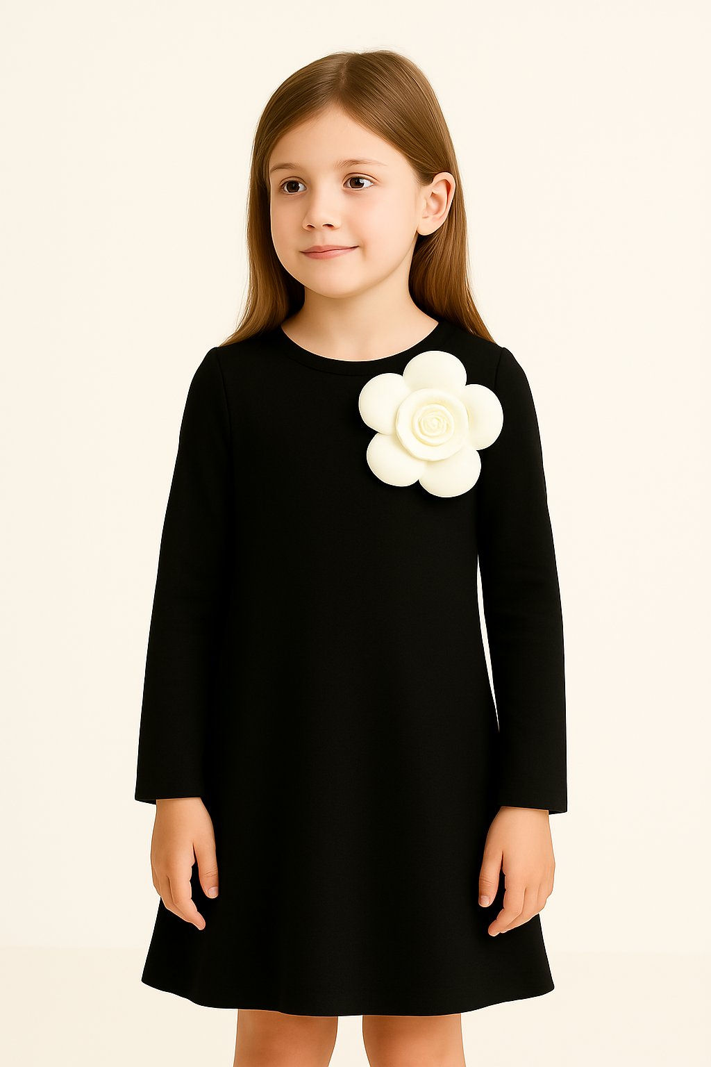 Black Full Sleeves Dress With Big White Accent Flower