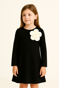 Black Full Sleeves Dress With Big White Accent Flower