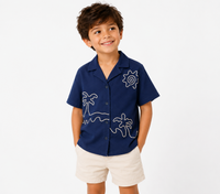BOYS HAND EMBROIDERY VACATION SHIRT WITH PALM TREES AND SUN