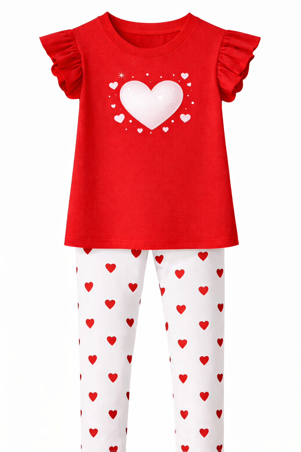 Girls Red Heart T-Shirt & White Heart Leggings Co-ord Set