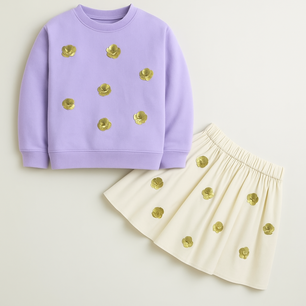 Sequin Flower Lavender Full Sleeves T-Shirt With Sequin White Flared Skirt