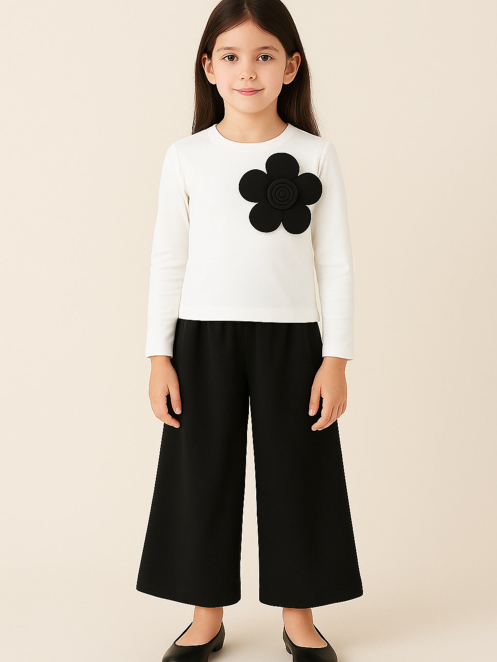 Girls Top & Pant Set With Big Accent Flower
