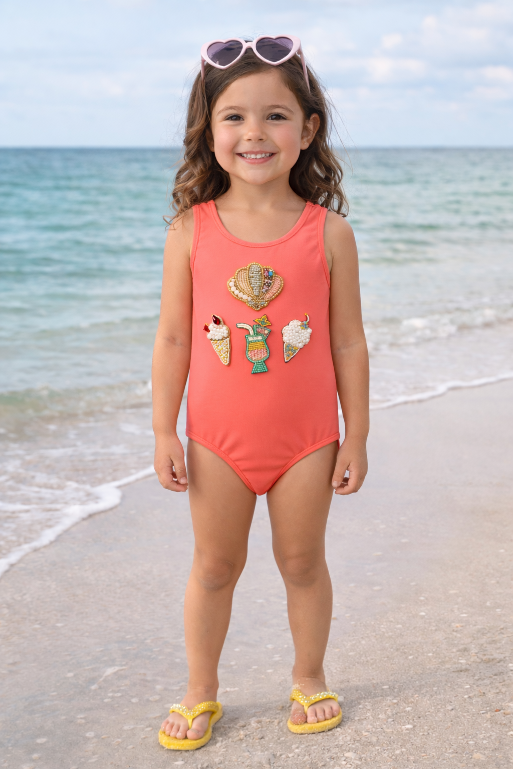 GIRLS CORAL PINK SWIMSUIT WITH SHELLFISH & ICE CREAM EMBROIDERY PATCHES
