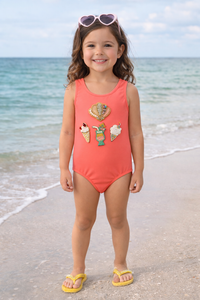 GIRLS CORAL PINK SWIMSUIT WITH SHELLFISH & ICE CREAM EMBROIDERY PATCHES