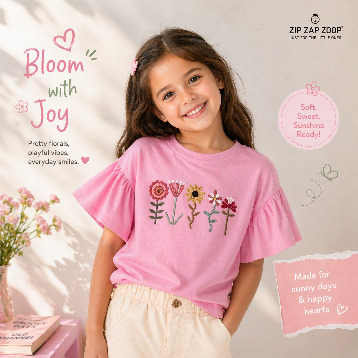 GIRLS PINK T-SHIRT WITH HAND EMBROIDERY FLOWERS WITH FLUTTER TEE