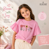 GIRLS PINK T-SHIRT WITH HAND EMBROIDERY FLOWERS WITH FLUTTER TEE