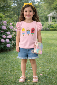 PINK ICE-CREAM POPSICLE EMBROIDERY T-SHIRT WITH FLUTTER SLEEVES FOR GIRLS