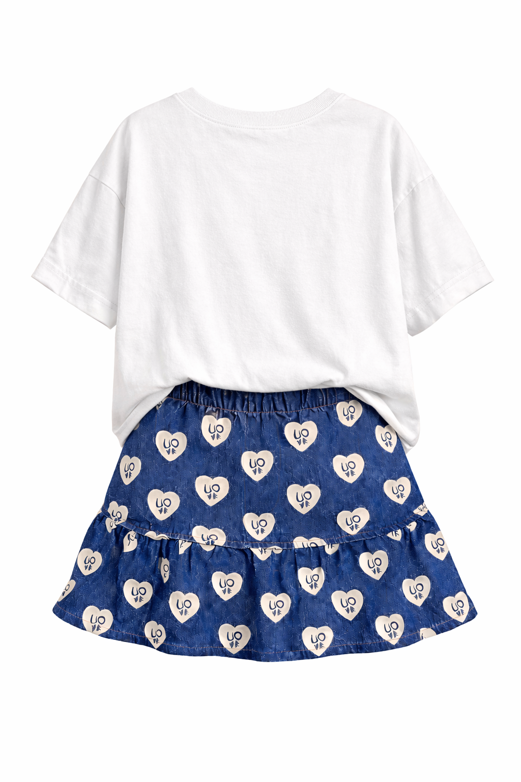 WHITE T-SHIRT WITH HEART PRINT PAIRED WITH DENIM HEART SKIRT CO-ORD SET