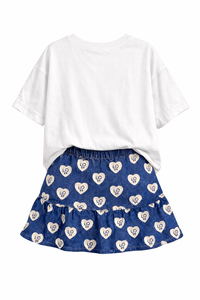 WHITE T-SHIRT WITH HEART PRINT PAIRED WITH DENIM HEART SKIRT CO-ORD SET