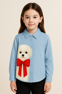 Girls Cute Dog With A Bow Print Light Blue Shirt