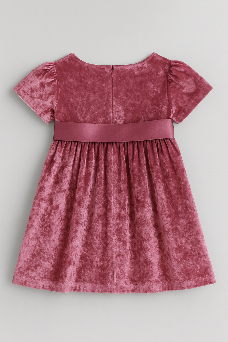 Girls Festive Pink Velvet Dress with Bow Detail