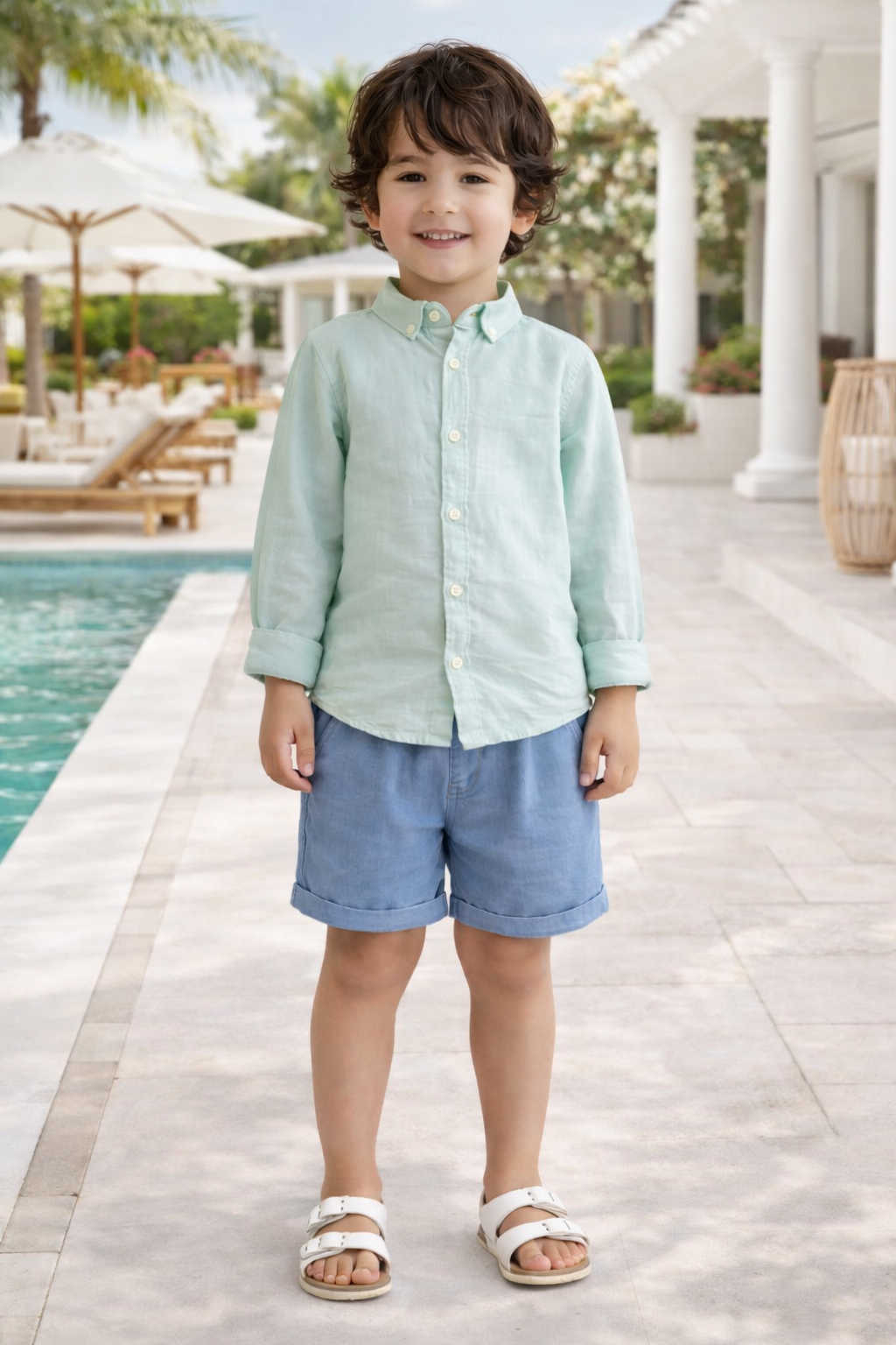 Kids Summer Outfit with Cotton Light blue Shirt & Denim Shorts