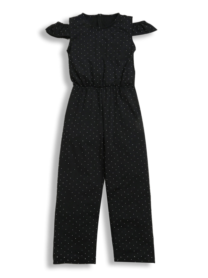 Black Off Shoulder Sleeve Embellished Smooth Cotton Jumpsuit