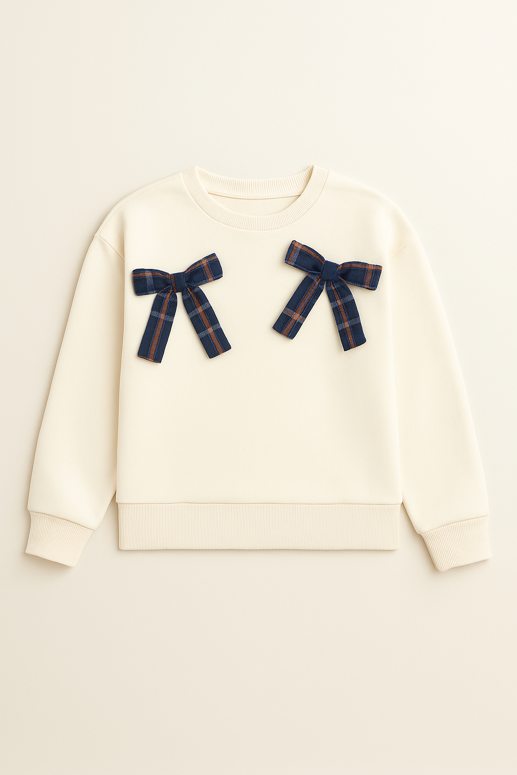 Girls Blue Checks Skirt With White Sweatshirt And Bows