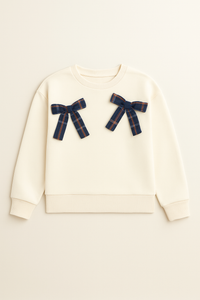 Girls Blue Checks Skirt With White Sweatshirt And Bows