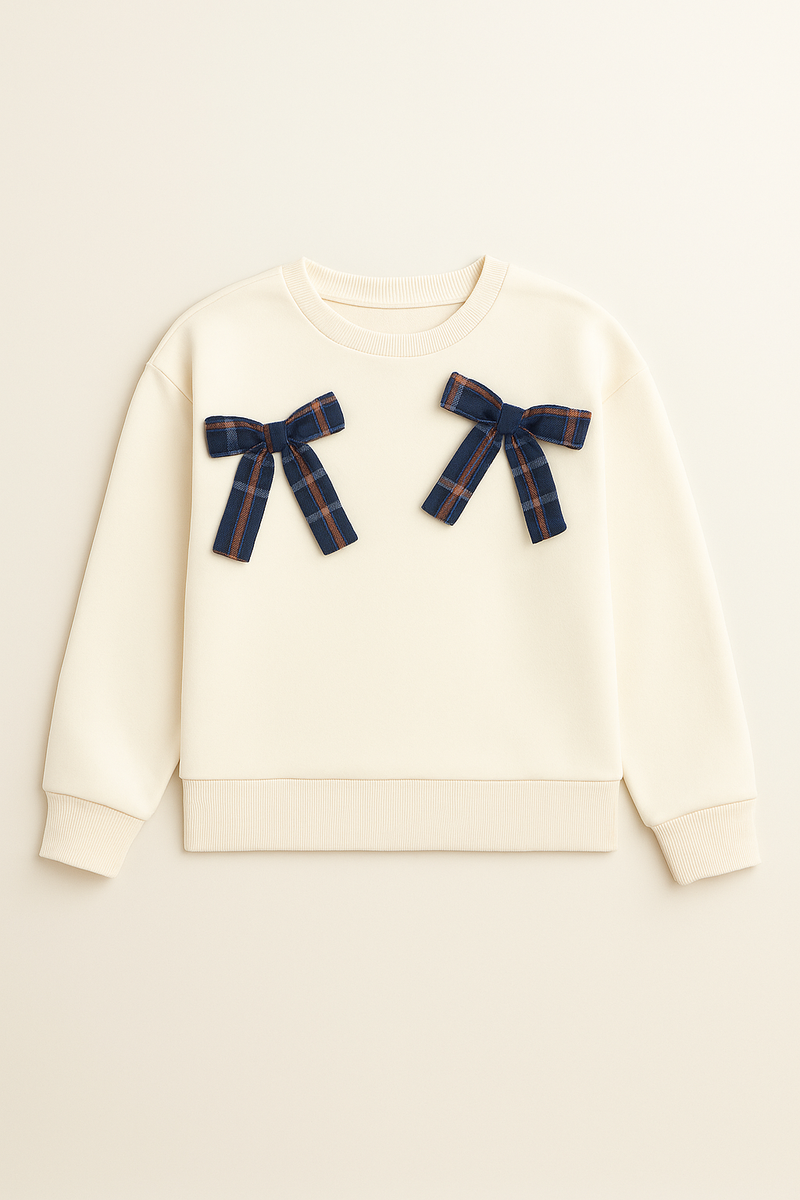 Girls Blue Checks Skirt With White Sweatshirt And Bows