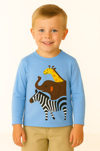 Boys Light Blue Giraffe, Elephant, Zebra Black Full Sleeves T-Shirt