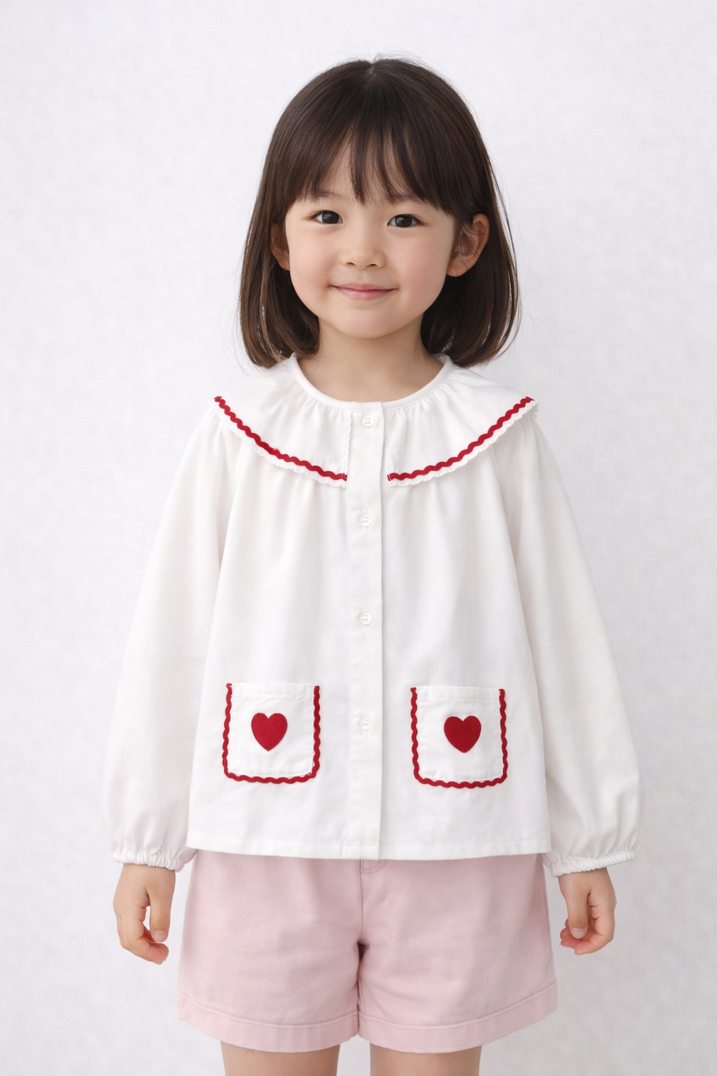 Girls White Heart Detail Shirt – Long Sleeve Cotton Shirt with Red 