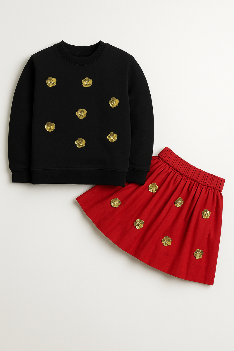 Sequin Flower Black Full Sleeves T-Shirt With Sequin Red Flared Skirt
