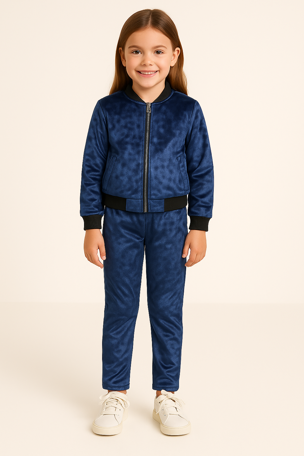 Girls Velvet Blue Jacket and Pant with Black Ribbed Borders