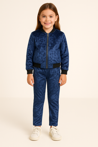 Girls Velvet Blue Jacket and Pant with Black Ribbed Borders