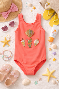 GIRLS CORAL PINK SWIMSUIT WITH SHELLFISH & ICE CREAM EMBROIDERY PATCHES