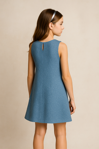 Girls Light Blue Jacquard Sleeveless Black Bow Dress