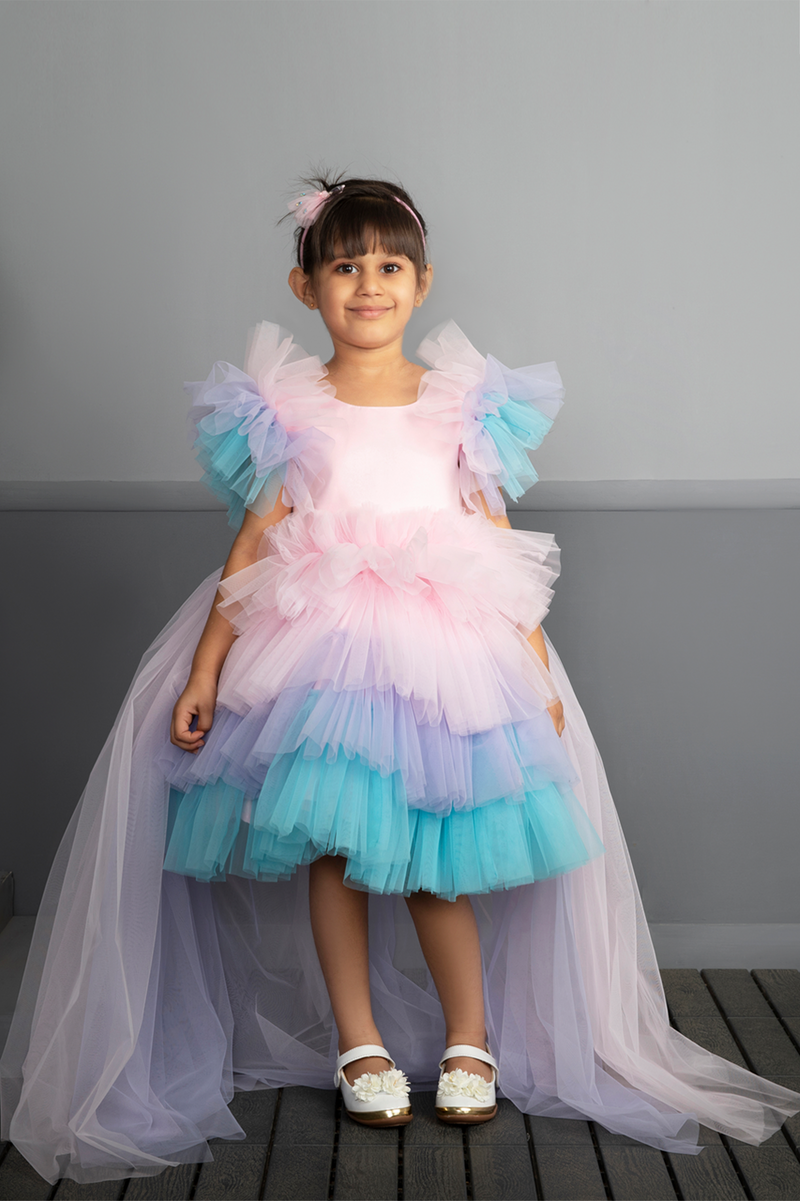 Pink Blue & White Multi-layered Red Carpet Look 4 Trail Gown Dress
