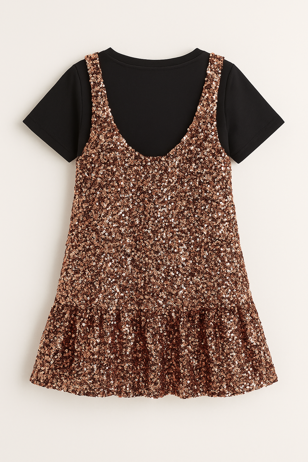 Girls Gold Metallic Sequins Dress With Black Bow & Black T-Shirt