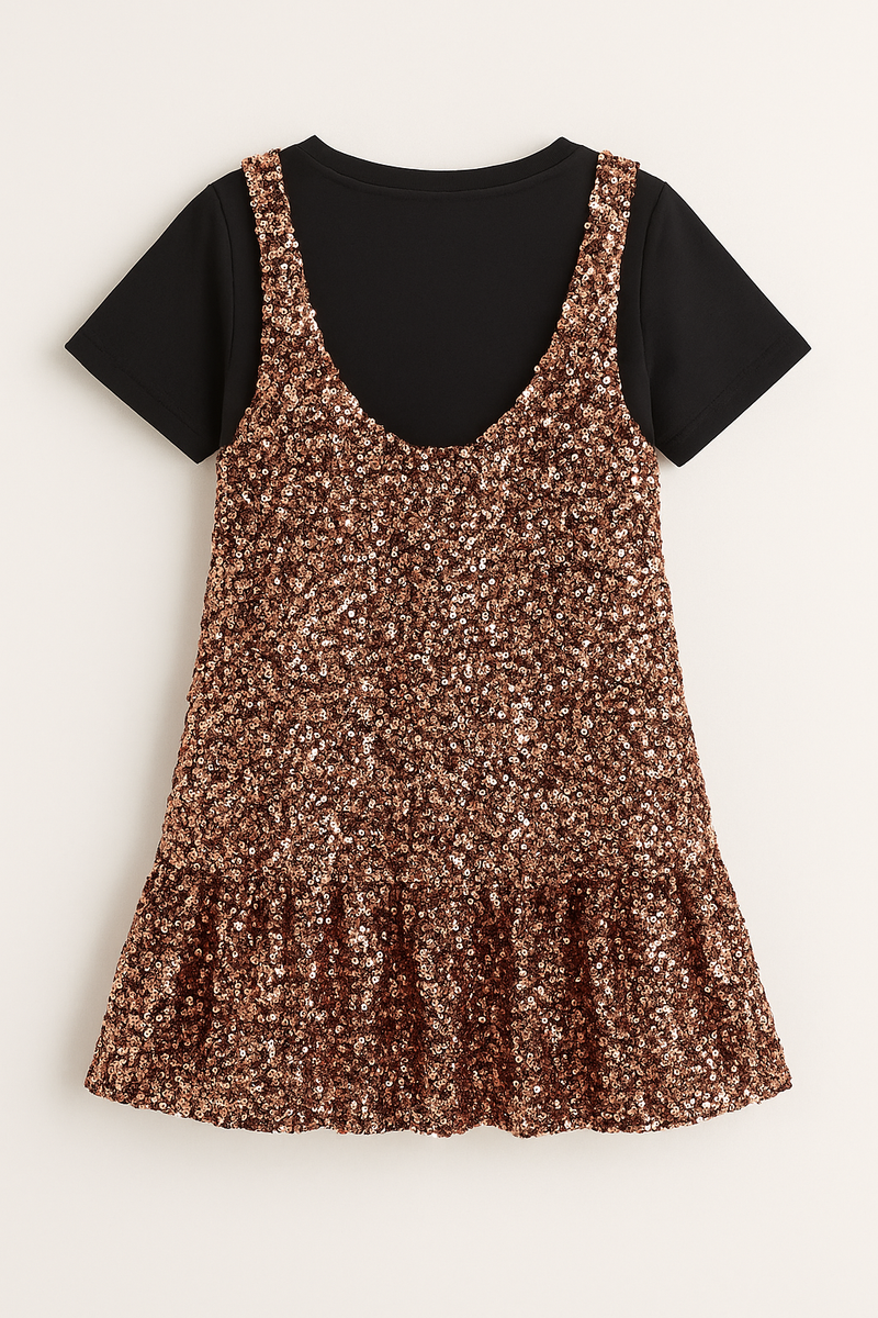 Girls Gold Metallic Sequins Dress With Black Bow & Black T-Shirt