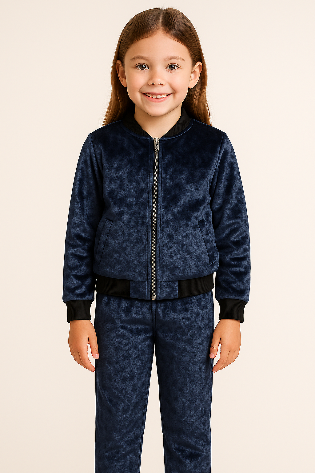 Girls Velvet Blue Jacket and Pant with Black Ribbed Borders