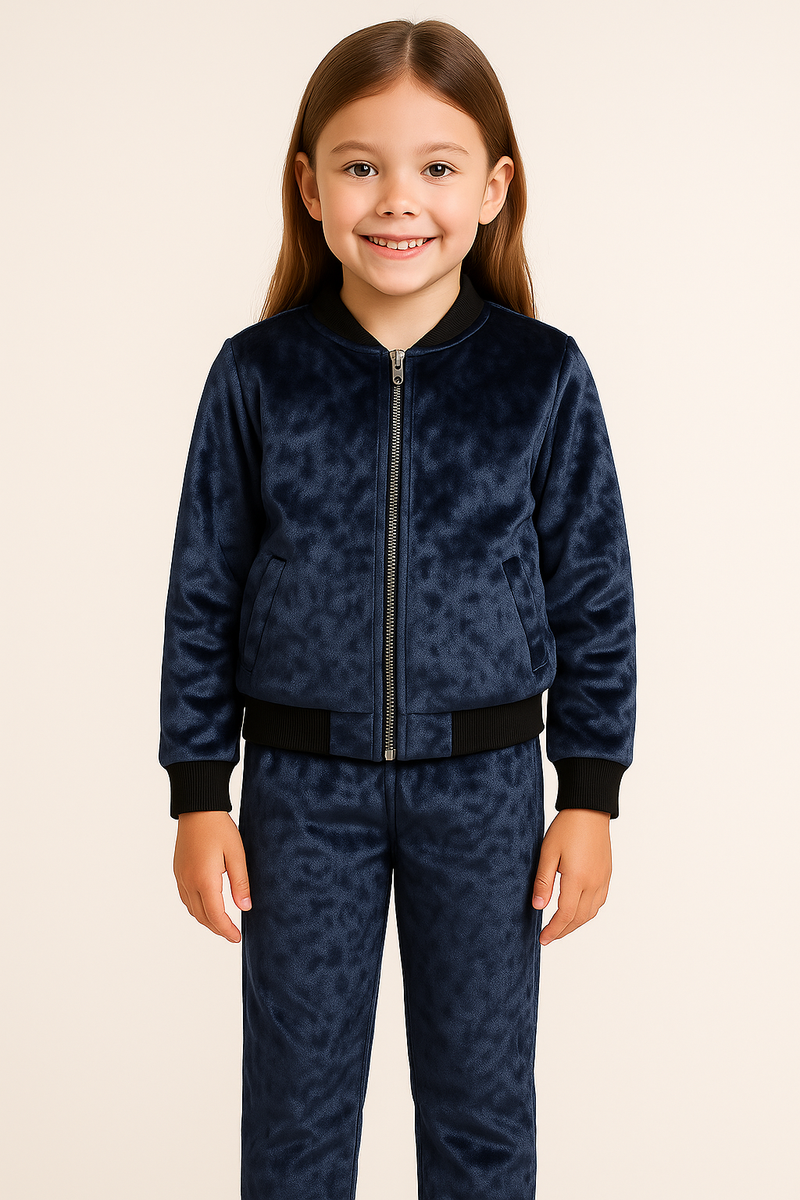 Girls Velvet Blue Jacket and Pant with Black Ribbed Borders