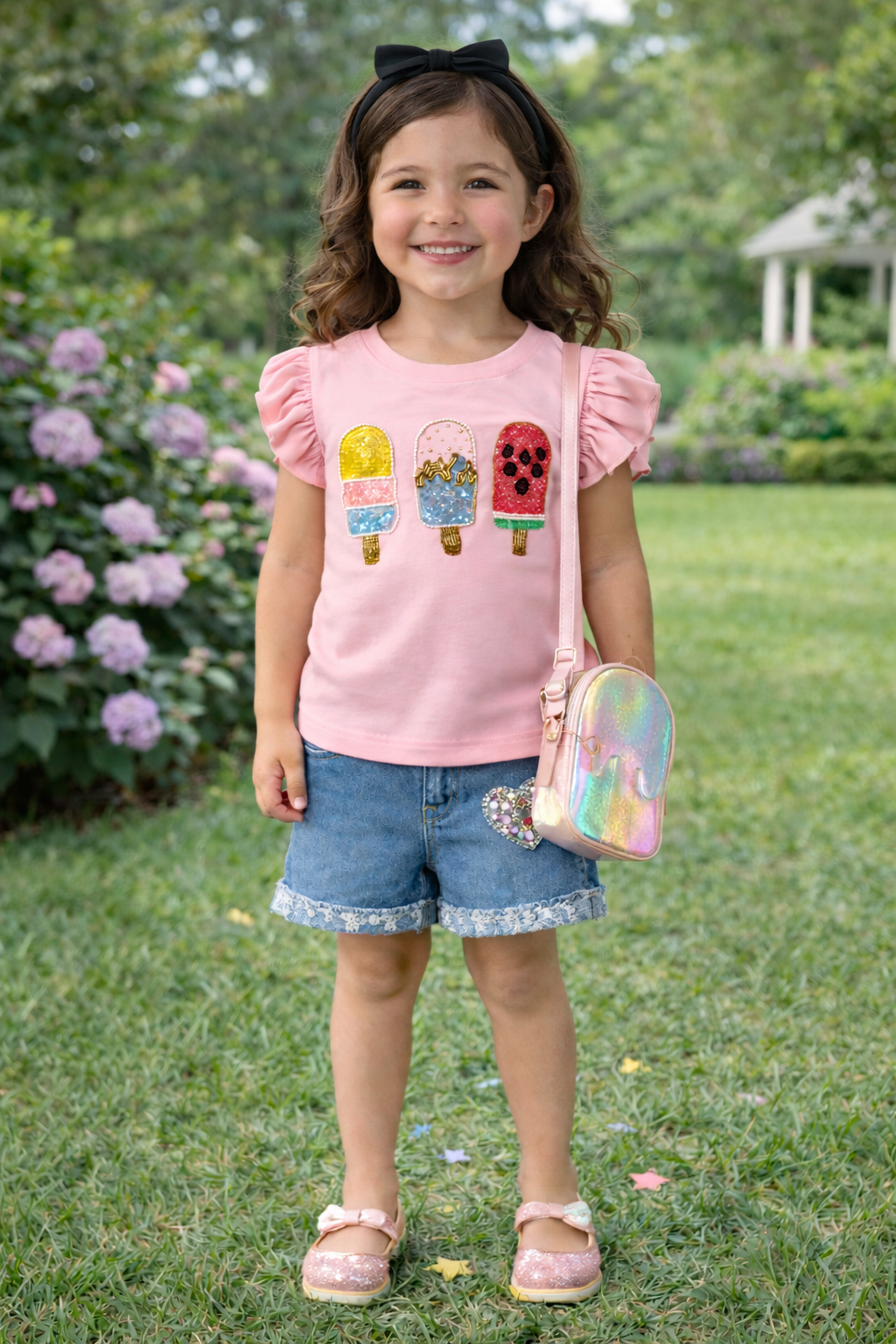 PINK ICE-CREAM POPSICLE EMBROIDERY T-SHIRT WITH FLUTTER SLEEVES FOR GIRLS