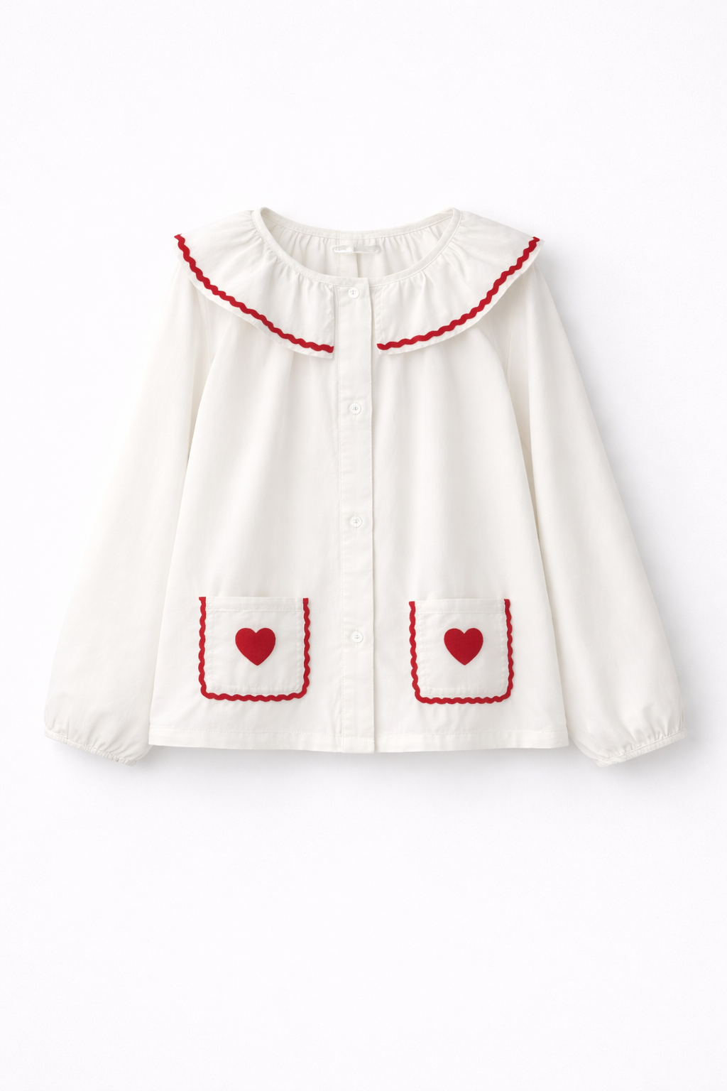 Girls White Heart Detail Shirt – Long Sleeve Cotton Shirt with Red 