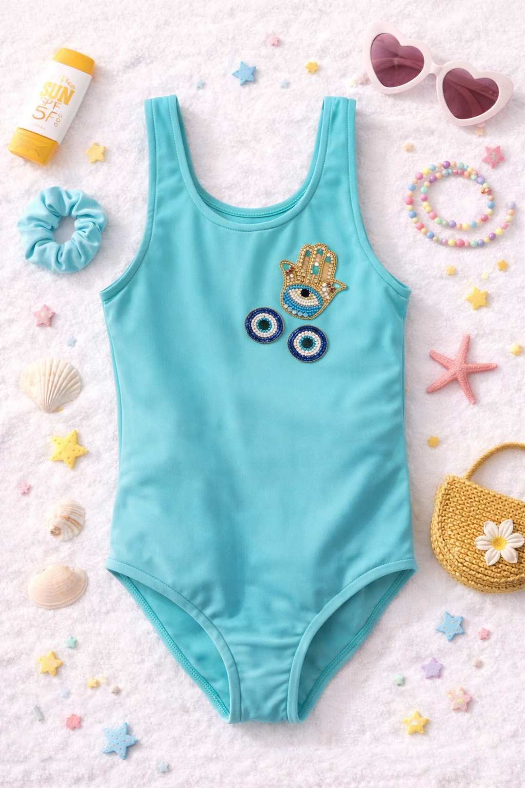 STLYISH LIGHT BLUE SWIMSUIT WITH HAND EMBROIDERY EVIL EYE PATCH FOR GIRLS
