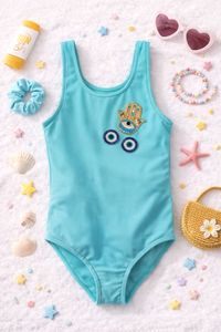 STLYISH LIGHT BLUE SWIMSUIT WITH HAND EMBROIDERY EVIL EYE PATCH FOR GIRLS