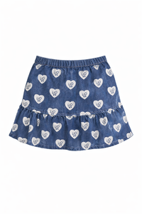 PREMIUM LIGHT DENIM LOVE HEART PRINT SKIRT