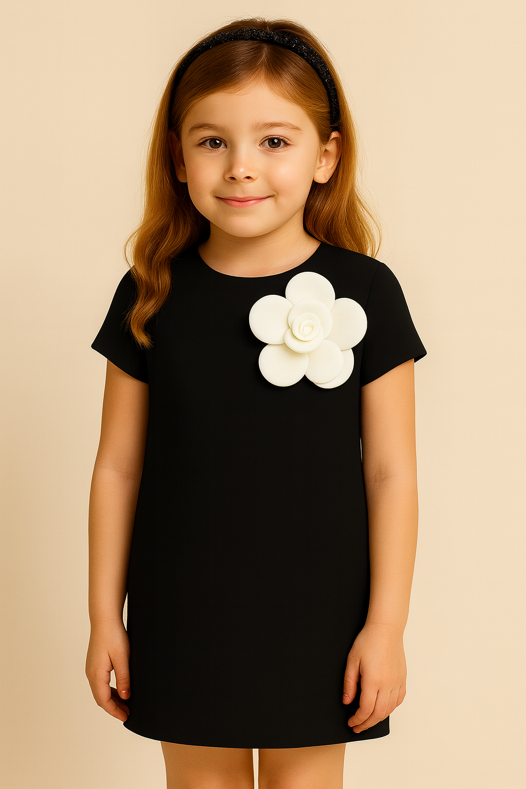 Girls Black Elegant Midi Dress With Big White Accent Flower