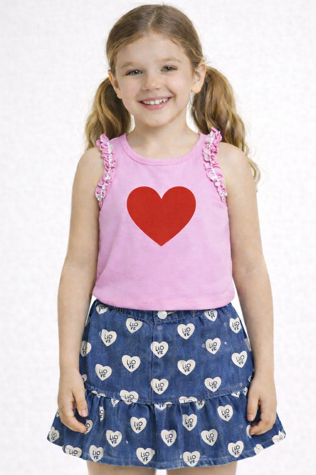 PREMIUM LIGHT DENIM LOVE HEART PRINT SKIRT