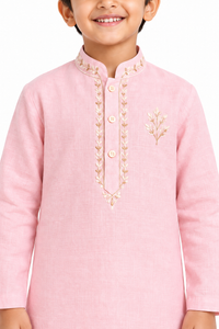 ZIP ZAP ZOOP Boys Baby Pink Botanical Embroidered Kurta with Ivory Pants – 2-Piece Festive Set