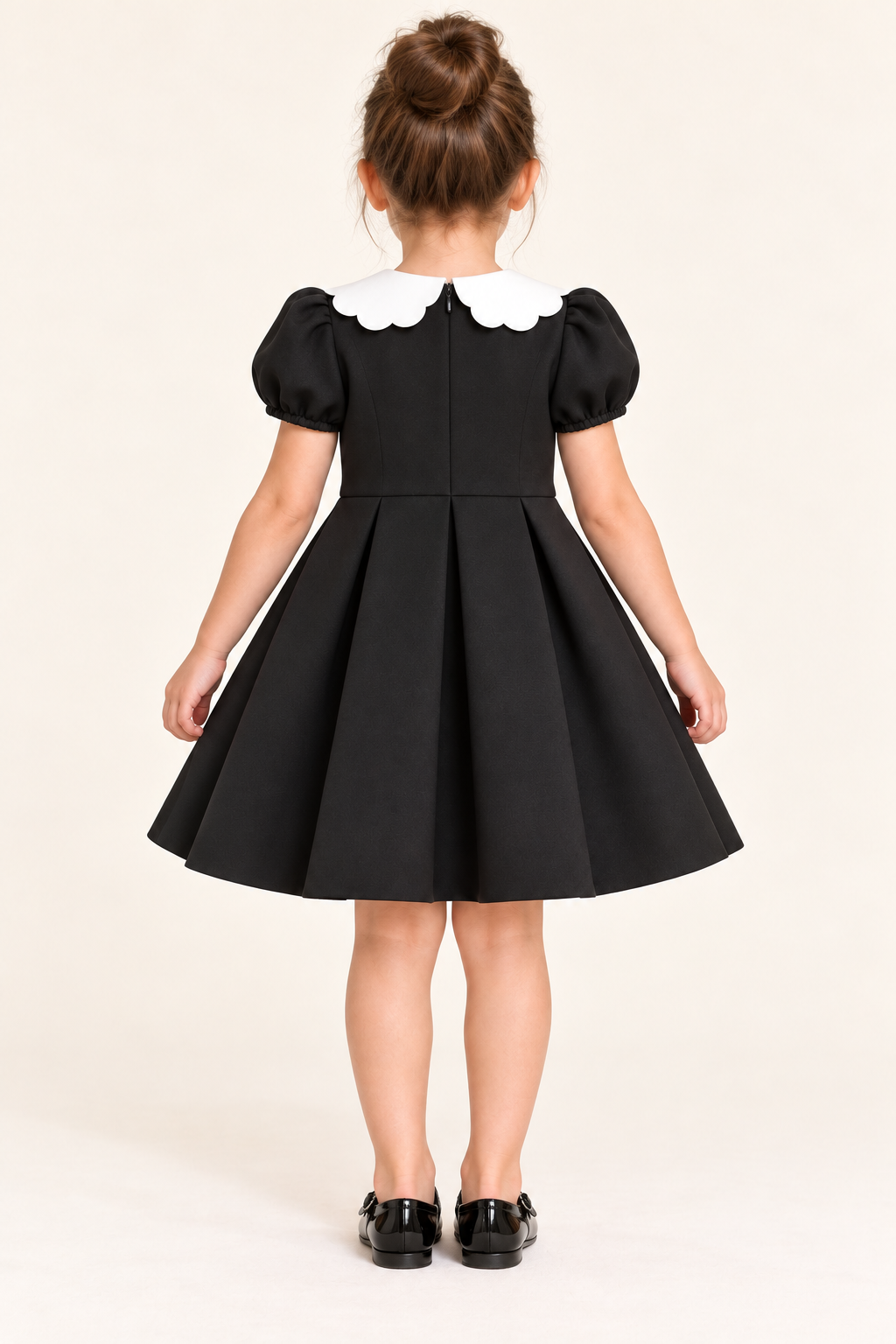 Girls Black Scuba Puff Sleeve Party Dress with White Scalloped Collar & Pleated Skirt