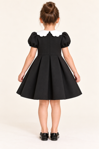 Girls Black Scuba Puff Sleeve Party Dress with White Scalloped Collar & Pleated Skirt