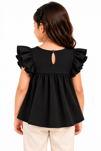 ZIP ZAP ZOOP Girls Black Scuba Crepe Ruffle Sleeve A-Line Top with Back Keyhole Detail
