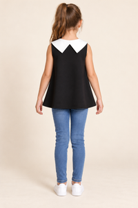 ZIP ZAP ZOOP Girls Black Sleeveless A-Line Top with White Statement Collar and Bow Detail