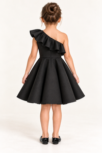 Girls Black Scuba One-Shoulder Ruffle Fit & Flare Party Dress