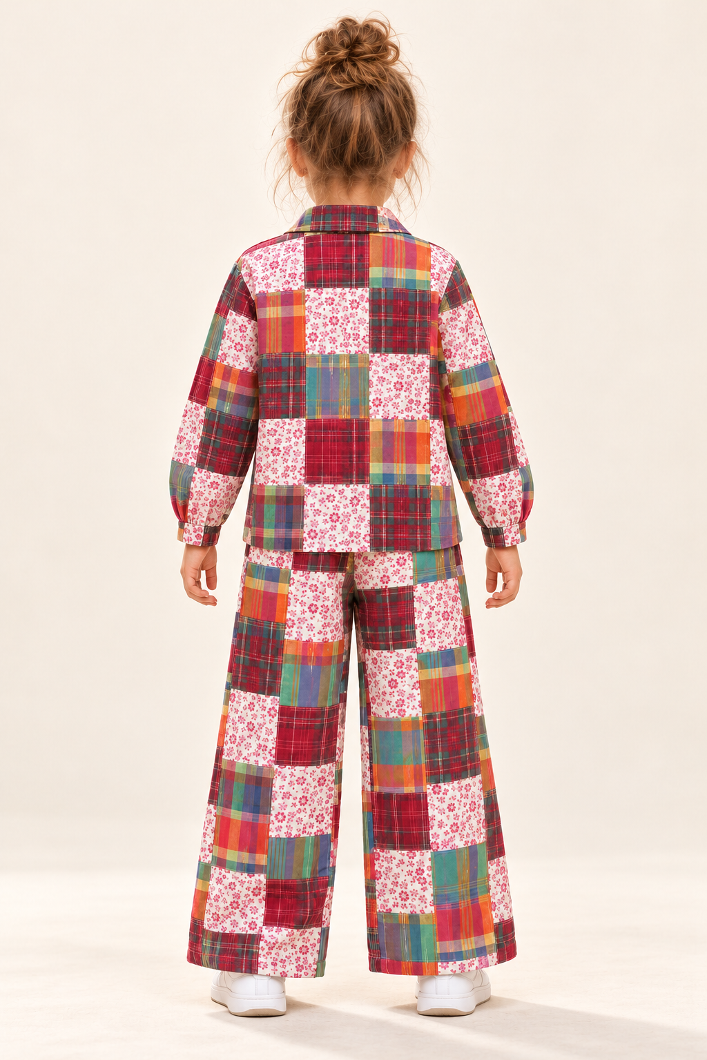Girls Multicolour Plaid & Floral Patchwork Shirt and Wide-Leg Trouser Co-ord Set